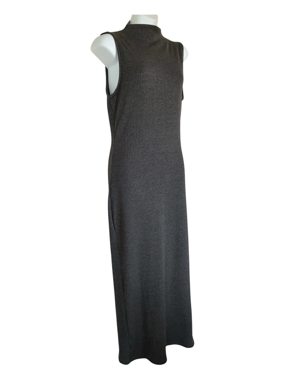 Wren dress women's L, Grey Ribbed Maxi Dress, mock turtleneck, side slit. euc